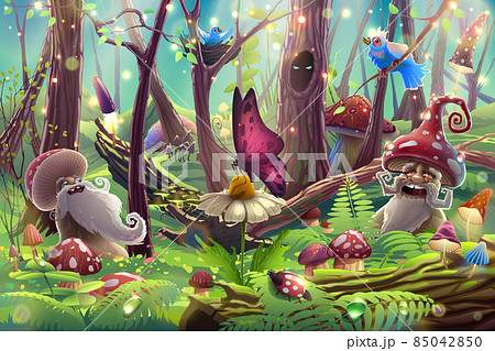 Magic mushrooms in forest garden with trees illustration art, fantasy drawing with butterfly over sunlight, birds, beetles, bushes, grass, leaves in nature. Summer floral park in vector. 85042850