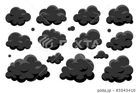 Cloud black flat set. Cartoon mainly cloudy weather symbol game app widget web interface. Smoke soot pollution exhaust fumes element overcast sky 2D. Element for postcard book shape isolated on white 85043410