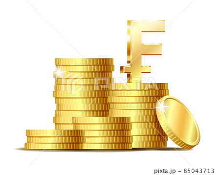 Stack of coins with Gold shiny Swiss Franc currency symbol. 85043713