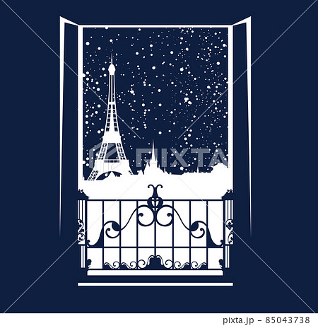 window over Paris night scene with falling snow - open balcony door and winter city view vector design window over Paris night scene with falling snow - open balcony door and winter city view vector design 85043738