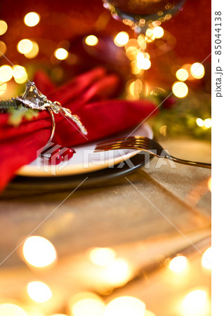 Traditional Christmas table place setting. Holidays background. 85044138