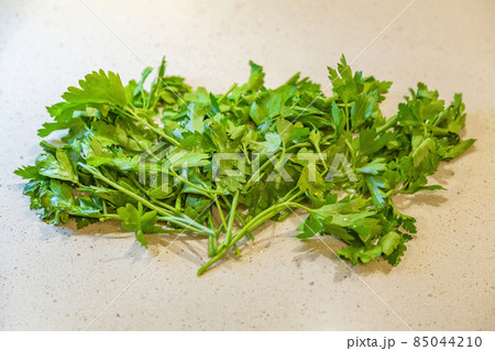 Fresh harvest of bright green parsley on the stone table 85044210