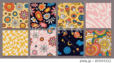 Retro 70s psychedelic seamless patterns, groovy hippie backgrounds. Cartoon funky print with flowers and mushrooms, hippy pattern vector set Retro 70s psychedelic seamless patterns, groovy hippie backgrounds. Cartoon funky print with flowers and mushrooms, hippy pattern vector set 85044322