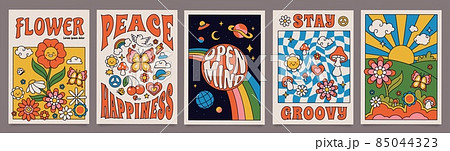 70s groovy posters, retro print with hippie elements. Cartoon psychedelic landscape with mushrooms and flowers, vintage funky print vector set 70s groovy posters, retro print with hippie elements. Cartoon psychedelic landscape with mushrooms and flowers, vintage funky print vector set 85044323