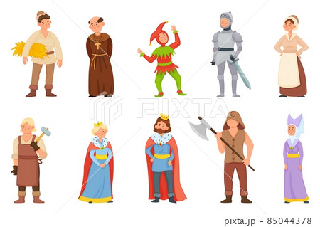 Cartoon historical medieval characters, king and queen, princess. Middle age knight, blacksmith, peasant, jester character vector set Cartoon historical medieval characters, king and queen, princess. Middle age knight, blacksmith, peasant, jester character vector set 85044378