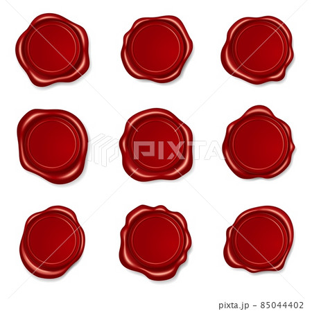 Realistic red wax seal, round sealing stamps. Embossing envelope stamp for envelope or certificate, medieval sealed letter label vector set 85044402