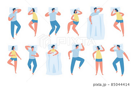 Characters in different sleeping poses, comfortable sleep positions. Men and women lying in bed on pillow, people resting vector set 85044414
