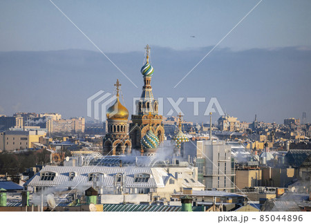 Domes and crosses of the church were Saved on Blood on frosty winter day. 85044896