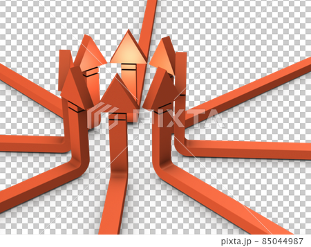 八方向から集結し、協力して急上昇する複数の矢印。世界協調を表すコンセプト。白バック。 85044987