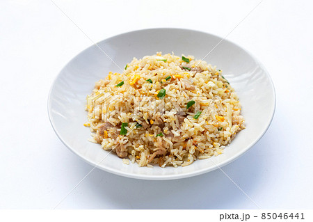 Fried rice in white plate on white background. Fried rice in white plate on white background. 85046441