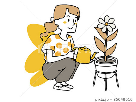 花に水をやる女性　クリエイティブで論理的かつ創造的な思考を持つ方法　ゆるい手描きの人物イラスト 85049616
