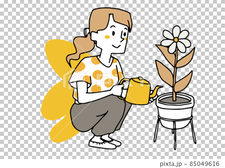 花に水をやる女性　クリエイティブで論理的かつ創造的な思考を持つ方法　ゆるい手描きの人物イラスト 85049616