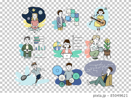 論理的かつクリエイティブな思考を持つ方法を知っている人々のセット　ゆるい線画の人物 85049621