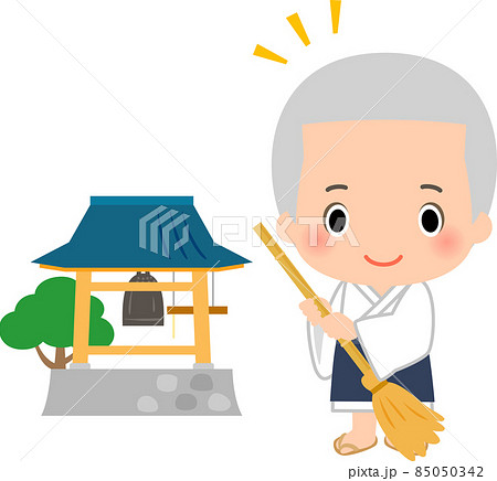 箒を持ったお寺の小僧さんのイラスト素材 85050342