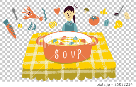 Illustration of a pot with soup made by mom and ingredients 85052234