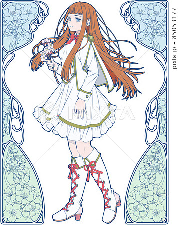 桜の枝を持った軍服風ワンピースの少女と桜の花のアールヌーボー風フレーム 背景透過用 のイラスト素材