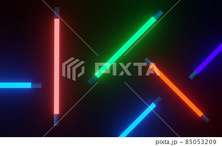 3d render of RGB neon light on darkness background. Abstract Laser lines show at night. Ultraviolet spectrum beam scene 85053209