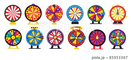 Fortune wheel. Spin casino game. Lottery lucky winner gaming turn with colored circles and arrows. Betting or roulette playing. Vector chance and prize rotating gambling equipment set Fortune wheel. Spin casino game. Lottery lucky winner gaming turn with colored circles and arrows. Betting or roulette playing. Vector chance and prize rotating gambling equipment set 85053307