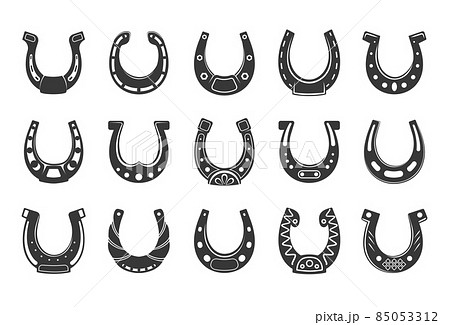 Black horseshoe. Lucky western blacksmith symbol, horse foot shoe equipment silhouette. Fortune talisman or amulet with decorative ornaments, icons collection. Vector isolated set Black horseshoe. Lucky western blacksmith symbol, horse foot shoe equipment silhouette. Fortune talisman or amulet with decorative ornaments, icons collection. Vector isolated set 85053312