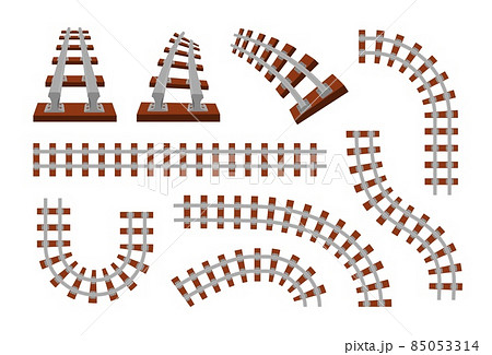 Train rails. Top view of railroad for cargo locomotives, subway and tram. Transport route travel symbol. Turns and straight railway parts. Vector metal railings and wooden sleepers set Train rails. Top view of railroad for cargo locomotives, subway and tram. Transport route travel symbol. Turns and straight railway parts. Vector metal railings and wooden sleepers set 85053314