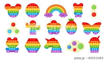 Fidget pop toy. Colorful anti stress popit addictive game for children with different shapes and sensory silicone pushing and popping bubbles. Vector trendy rainbow relief gadgets set 85053464