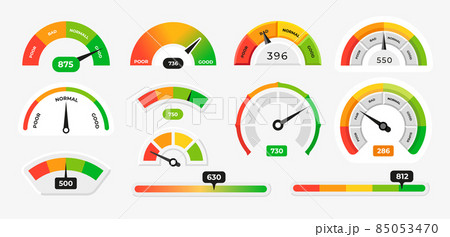 Score meter. Speedometer gauge indicator. Energy efficiency and consumer satisfaction rate measure UI. Indication lines. Dial with arrows and scale. Vector effectiveness graphs set Score meter. Speedometer gauge indicator. Energy efficiency and consumer satisfaction rate measure UI. Indication lines. Dial with arrows and scale. Vector effectiveness graphs set 85053470