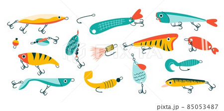 Doodle fishing lure. Abstract contemporary fishery baits of different sizes and shapes for angler. Colored hand drawn fisher accessories with hooks. Vector isolated plastic wobblers set 85053487