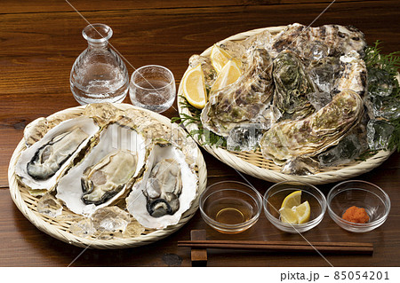 ざるに乗せた殻付きの生牡蠣と日本酒 ざるに乗せた殻付きの生牡蠣と日本酒 85054201