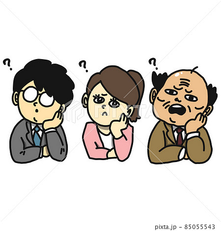 顔に手を添えて悩んでいる人のポーズをする人のイラストのイラスト素材