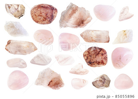 set of various rose quartz stones cutout on white 85055896