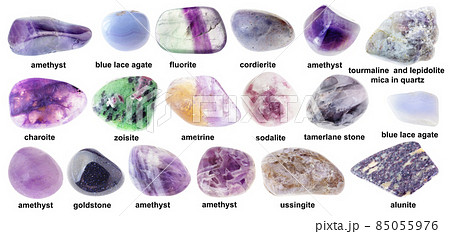 set of various tumbled violet stones with names 85055976