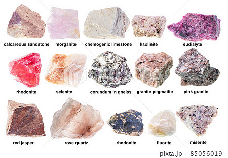 set of various raw pink rocks with names cutout 85056019