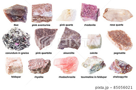 set of various unpolished pink stones with names 85056021