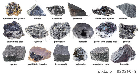 set of various raw black rocks with names cutout 85056048