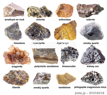 set of various brown unpolished stones with names 85056058