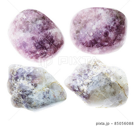 set of lepidolite mica stones cutout on white set of lepidolite mica stones cutout on white 85056088