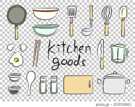 キッチングッズや台所用品の手描きイラスト　カラー 85058861