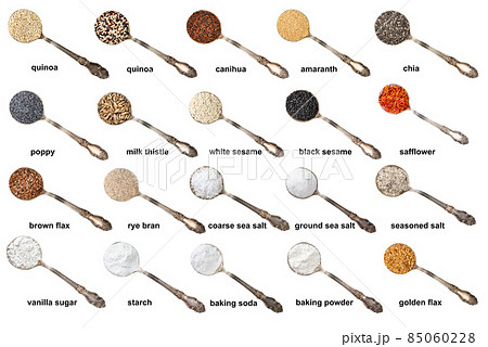silver spoons with cooking ingredients with names 85060228