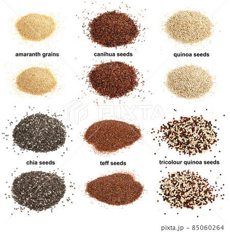 set of piles of pseudocereal grains anf teff 85060264