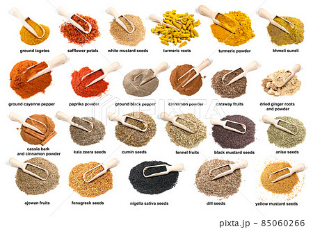 set of wooden scoopes on piles of flavorings 85060266