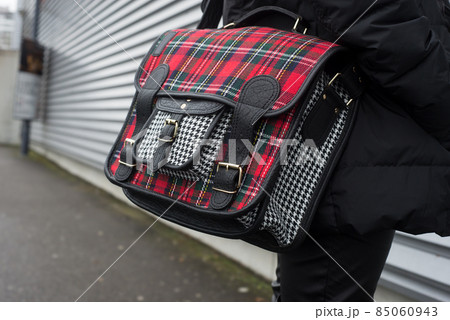 Closeup of printed scottish pattern hand bag on woman standing in the street Closeup of printed scottish pattern hand bag on woman standing in the street 85060943
