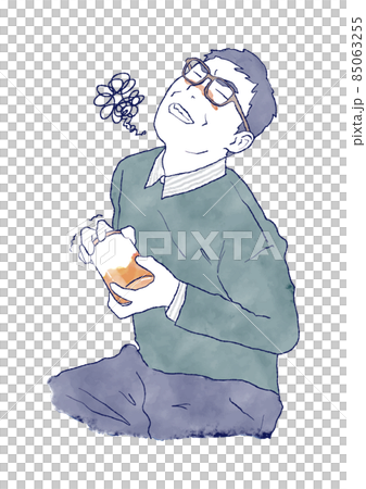 The lid of the bottle is too hard to open. Asian man trying to open the lid of a hard bottle-Watercolor and ink hand-drawn illustration The lid of the bottle is too hard to open. Asian man trying to open the lid of a hard bottle-Watercolor and ink hand-drawn illustration 85063255