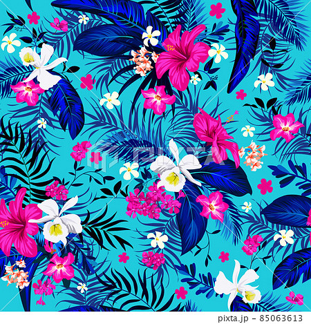 Seamless tropical motif with leaves and flowers 85063613
