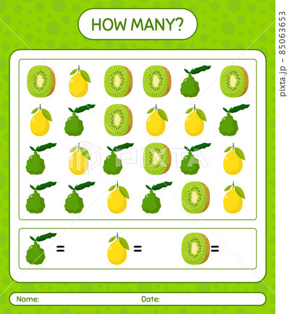 How many counting game with fruit. worksheet for preschool kids, kids activity sheet, printable worksheet 85063653
