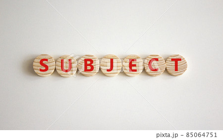 Subject symbol. The concept word Subject on wooden circles. Beautiful white background, copy space. Business and subject concept. 85064751