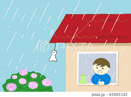 テルテル坊主と僕とカエルと、家の窓から雨が降り始めたのを見ている 85065192