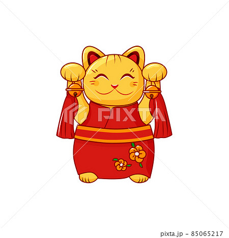 Golden Maneki Neko Japanese good luck cat on a white isolated background. Statuette in a red kimono. Symbol wealth. Vector cartoon illustration. 85065217
