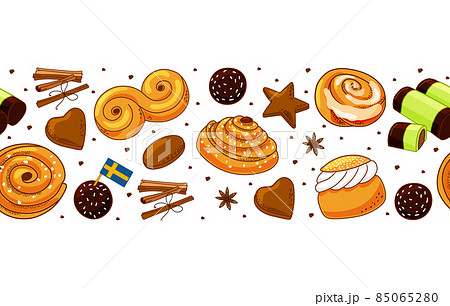 Traditional Swedish sweets seamless border. Kanelbulle bun, cinnamon roll, Pepparkakor, Semla, lussekatt, dammsugare, and chokladboll. Vector cartoon illustration. 85065280