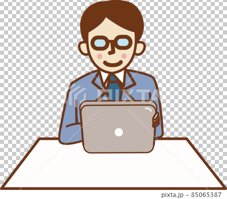 A man in a suit sitting and holding a tablet. 85065387