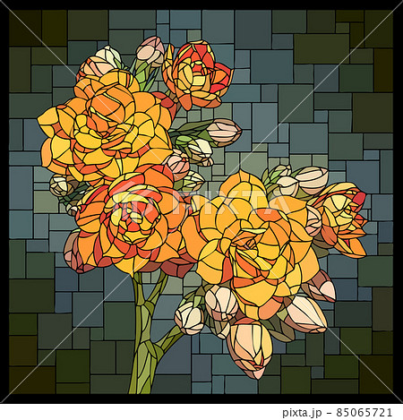 Vector stained glass window with blooming orange Kalanchoe flowers. 85065721